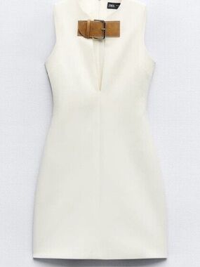 NWOT Zara Cream Mini Dress with Tan Buckle Medium